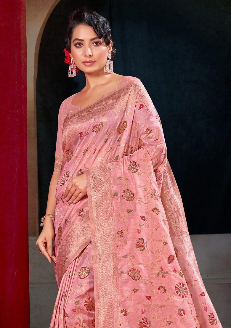 Pink Floral Print Woven Poly Blend Saree Set