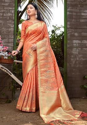 Peach Printed Poly Blend Saree Set