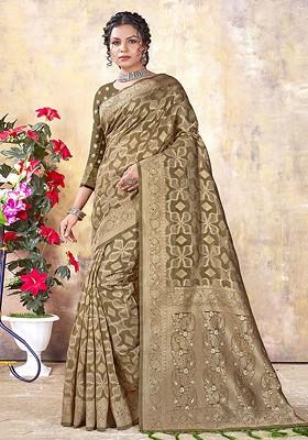 Green Floral Print Woven Poly Blend Saree Set