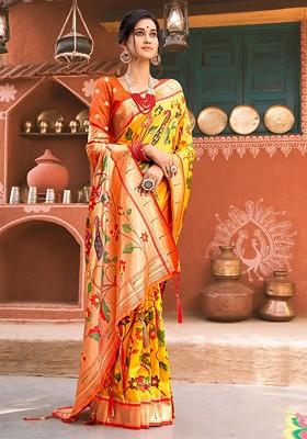 Yellow Floral Print Woven Poly Blend Saree Set