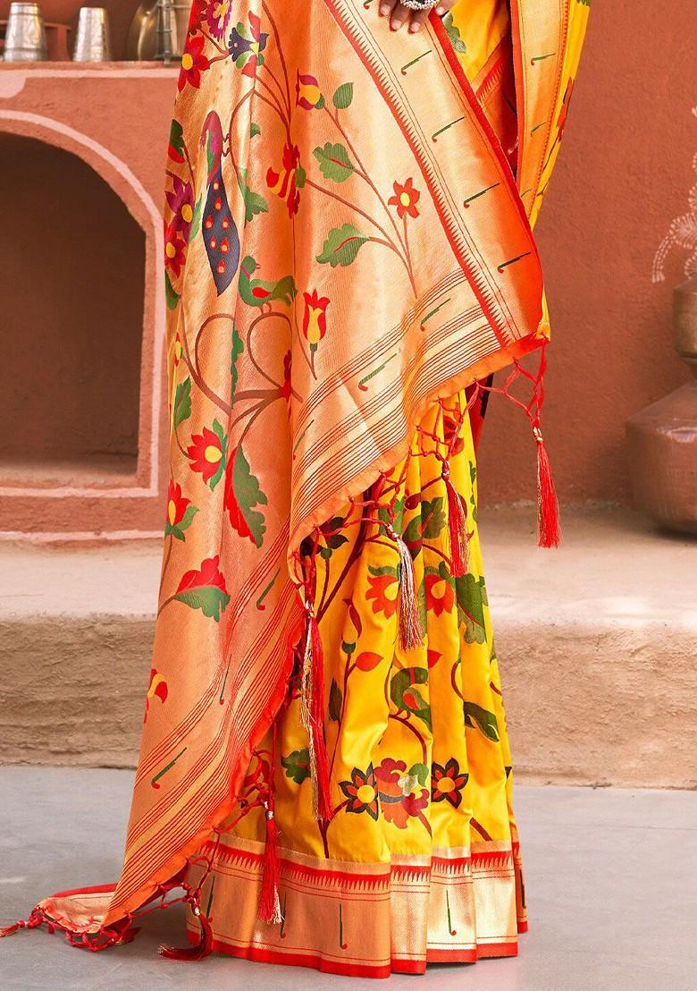Yellow Floral Print Woven Poly Blend Saree Set