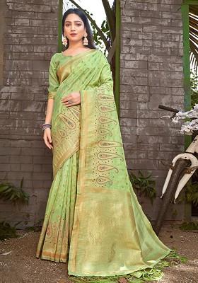 Green Printed Woven Poly Blend Saree Set