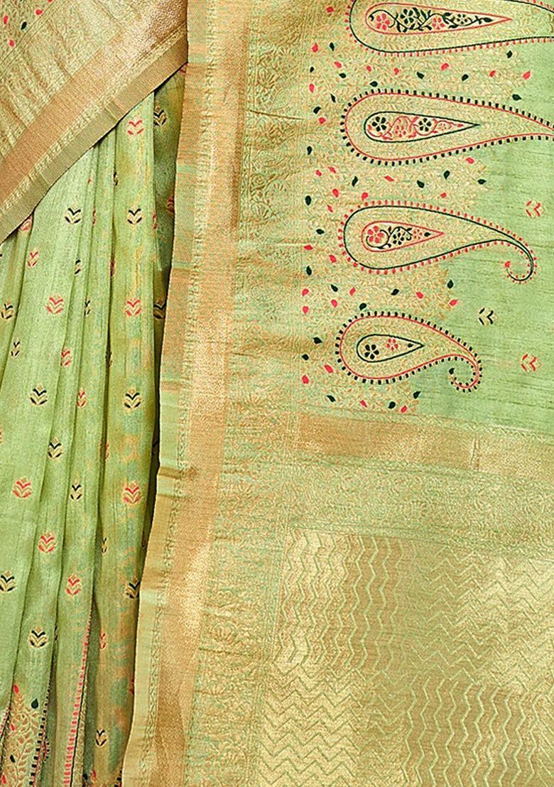 Green Printed Woven Poly Blend Saree Set
