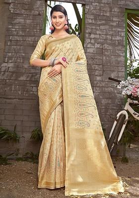 Cream Printed Woven Poly Blend Saree Set