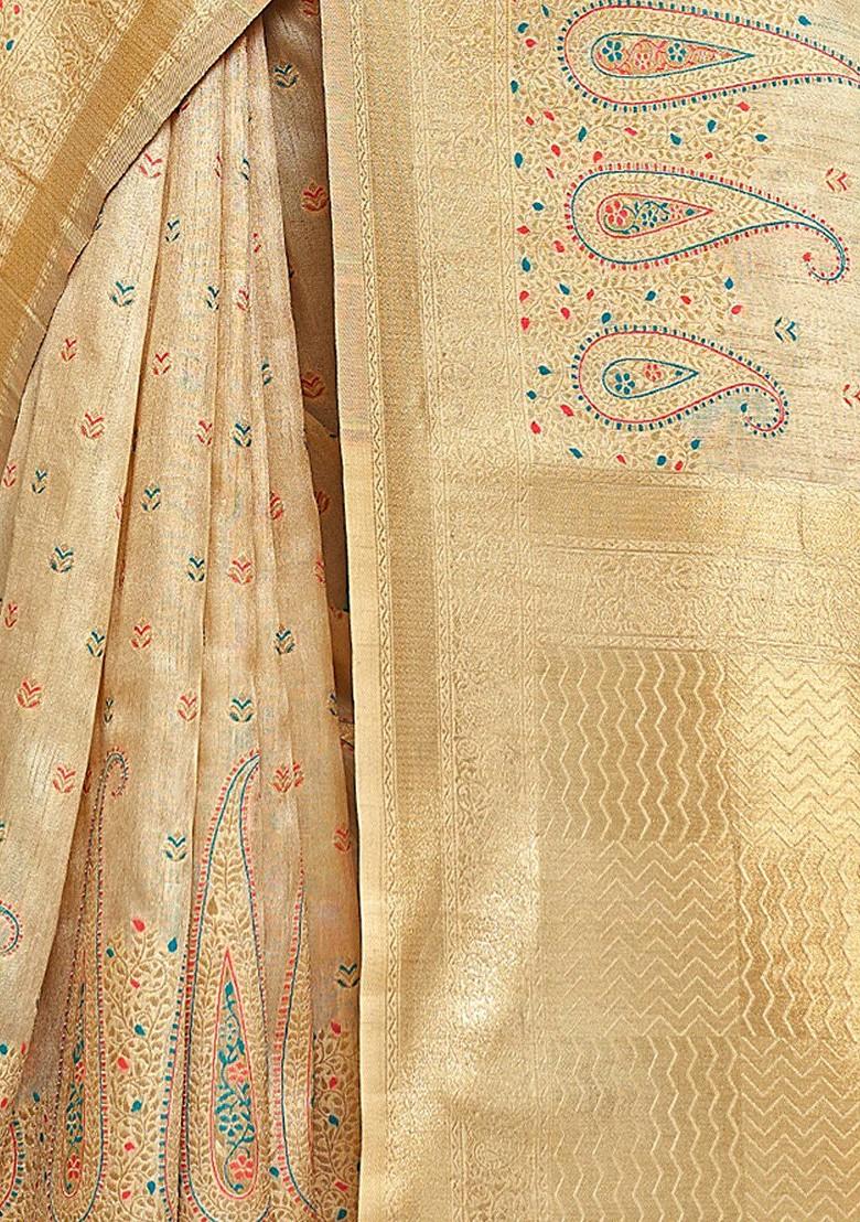 Cream Printed Woven Poly Blend Saree Set