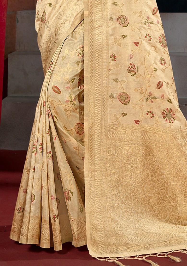 Cream Floral Print Woven Poly Blend Saree Set