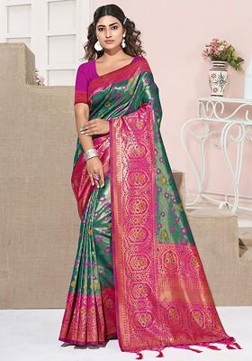 Green Printed Woven Poly Blend Saree Set