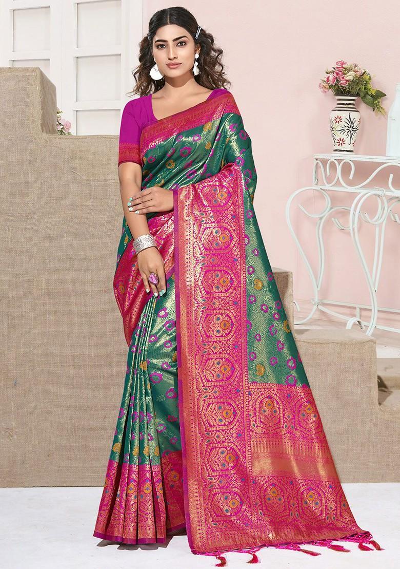 Green Printed Woven Poly Blend Saree Set