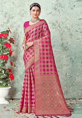 Pink Printed Woven Poly Blend Saree Set