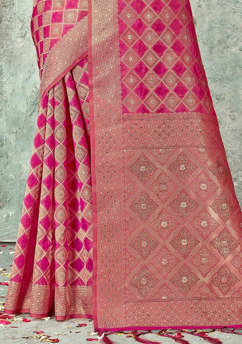 Pink Printed Woven Poly Blend Saree Set