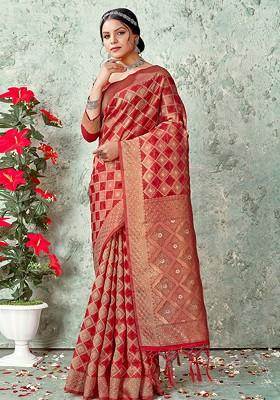 Red Printed Woven Poly Blend Saree Set