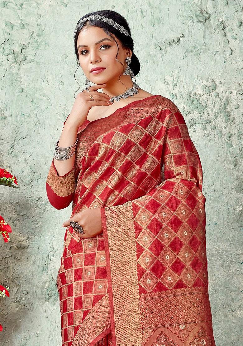 Red Printed Woven Poly Blend Saree Set