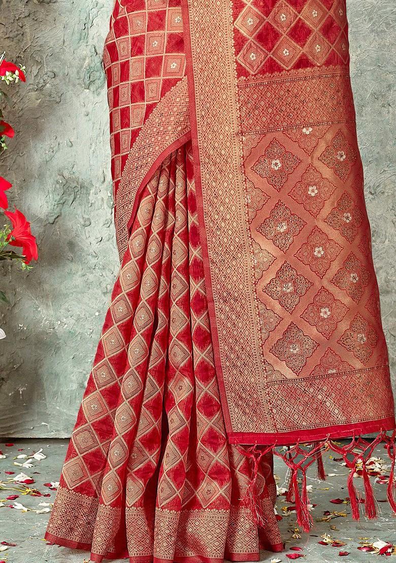 Red Printed Woven Poly Blend Saree Set