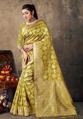 Green Embellished Poly Blend Saree Set