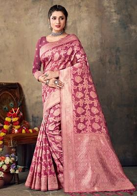 Magenta Floral Print Woven Poly Blend Saree Set