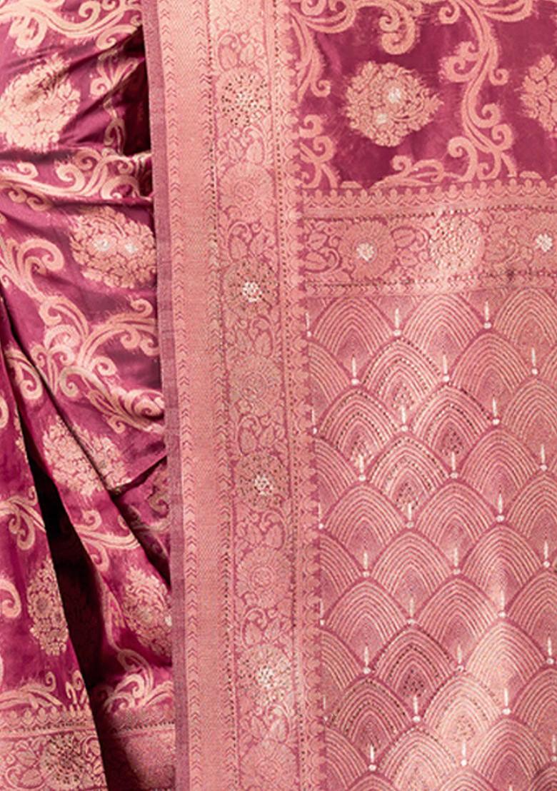 Magenta Floral Print Woven Poly Blend Saree Set