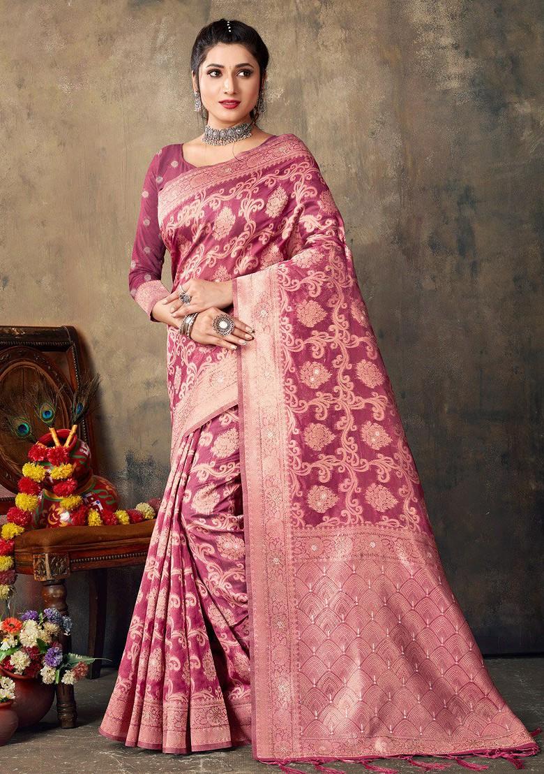 Magenta Floral Print Woven Poly Blend Saree Set