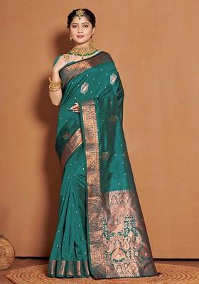 Sea Green Geometric Print Poly Blend Saree Set