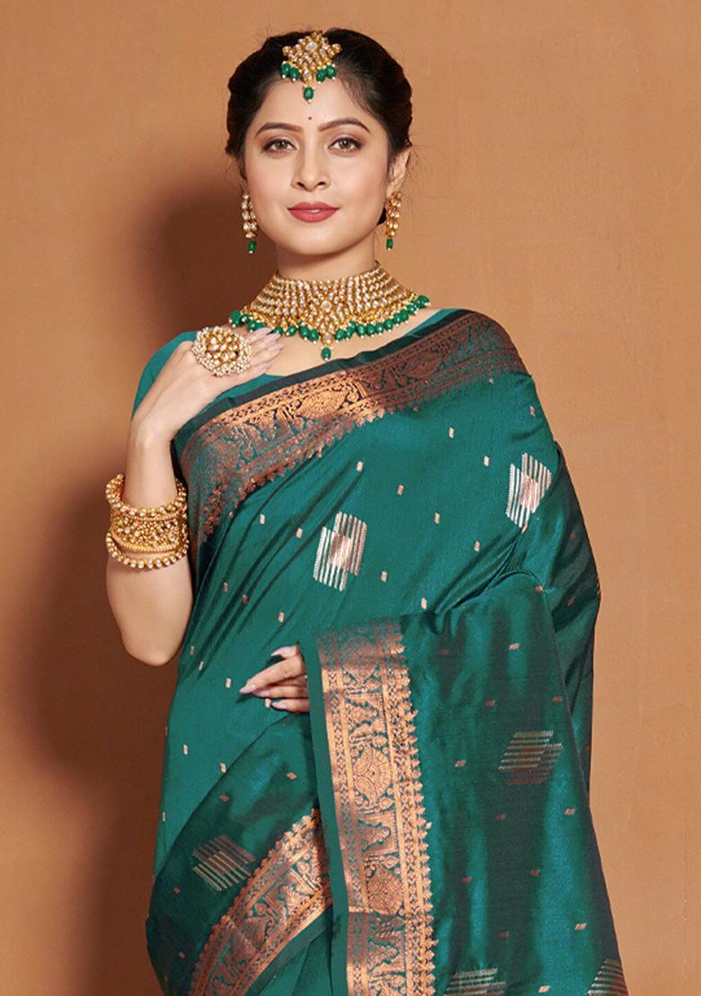 Sea Green Geometric Print Poly Blend Saree Set