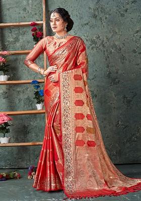 Red Floral Print Woven Poly Blend Saree Set