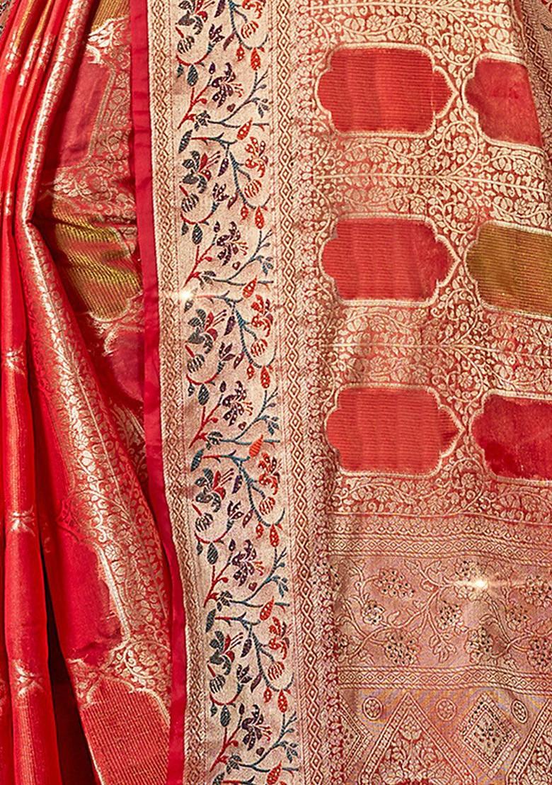 Red Floral Print Woven Poly Blend Saree Set