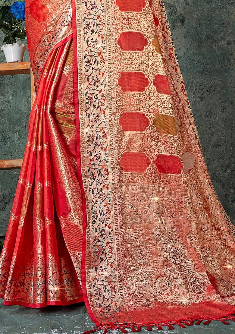 Red Floral Print Woven Poly Blend Saree Set