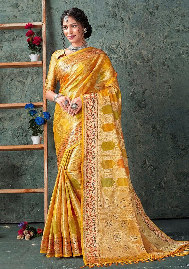 Yellow Floral Print Woven Poly Blend Saree Set