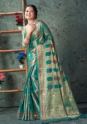 Sea Green Floral Print Woven Poly Blend Saree Set