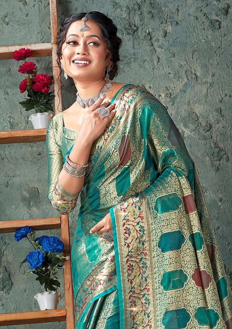 Sea Green Floral Print Woven Poly Blend Saree Set