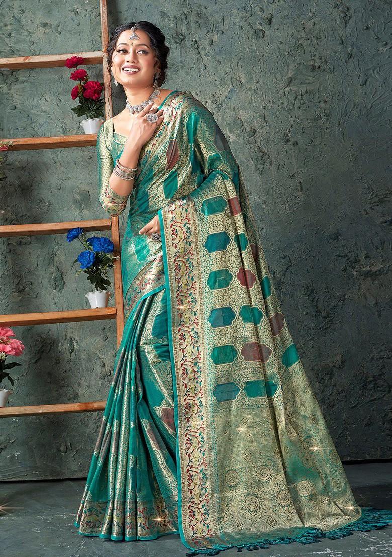 Sea Green Floral Print Woven Poly Blend Saree Set