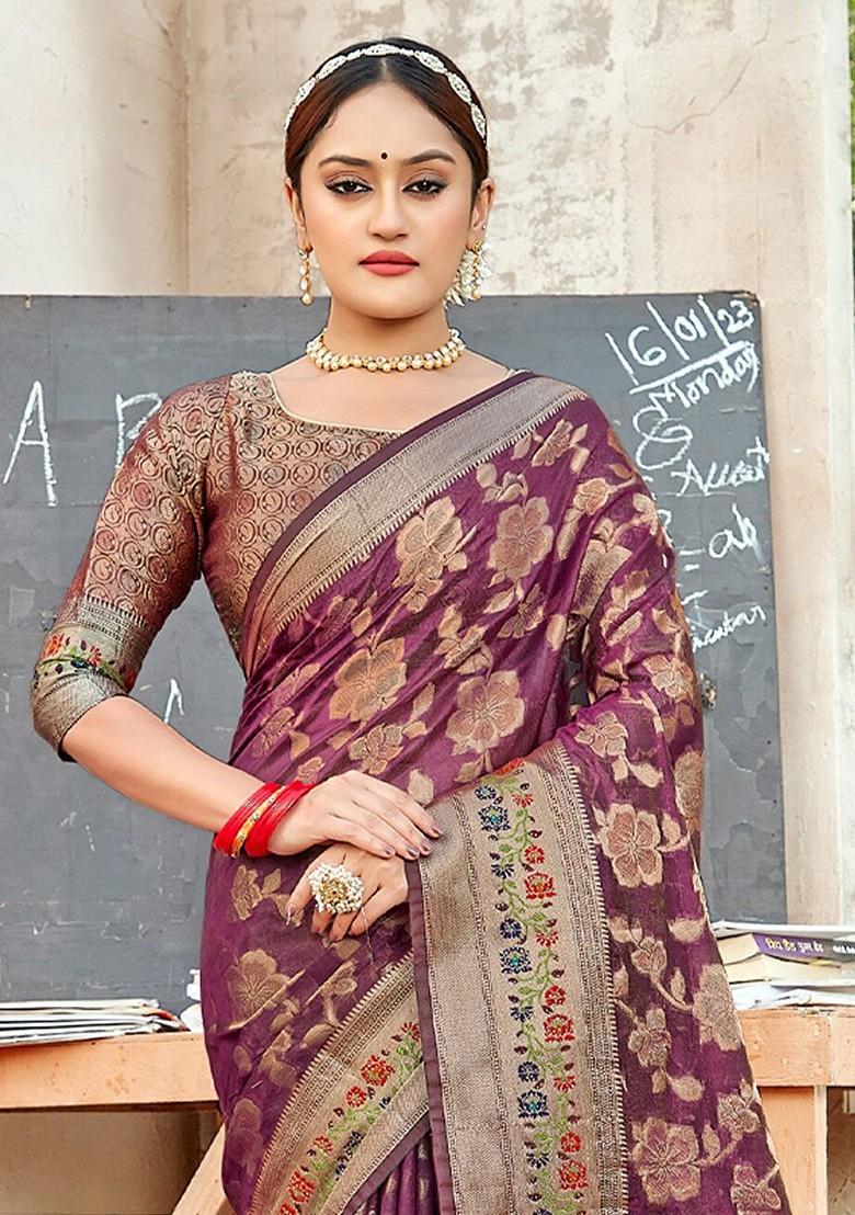 Purple Floral Print Woven Poly Blend Saree Set