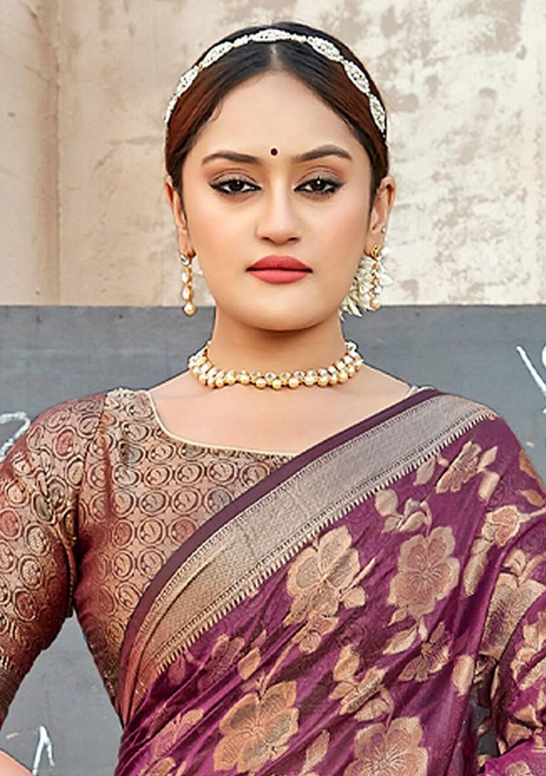 Purple Floral Print Woven Poly Blend Saree Set