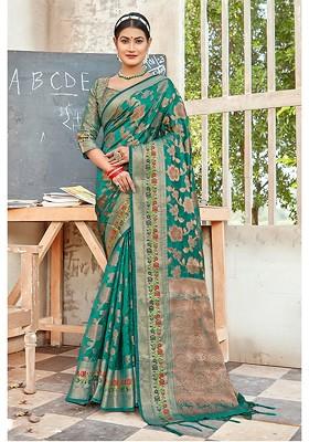 Turquoise Blue Printed Woven Poly Blend Saree Set