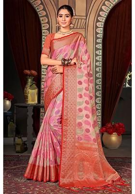 Pink Printed Woven Poly Blend Saree Set