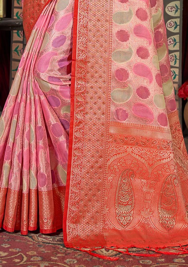Pink Printed Woven Poly Blend Saree Set