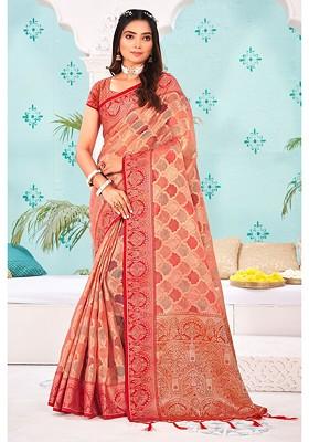 Peach Printed Woven Poly Blend Saree Set