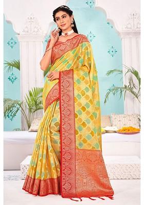 Yellow Printed Woven Poly Blend Saree Set