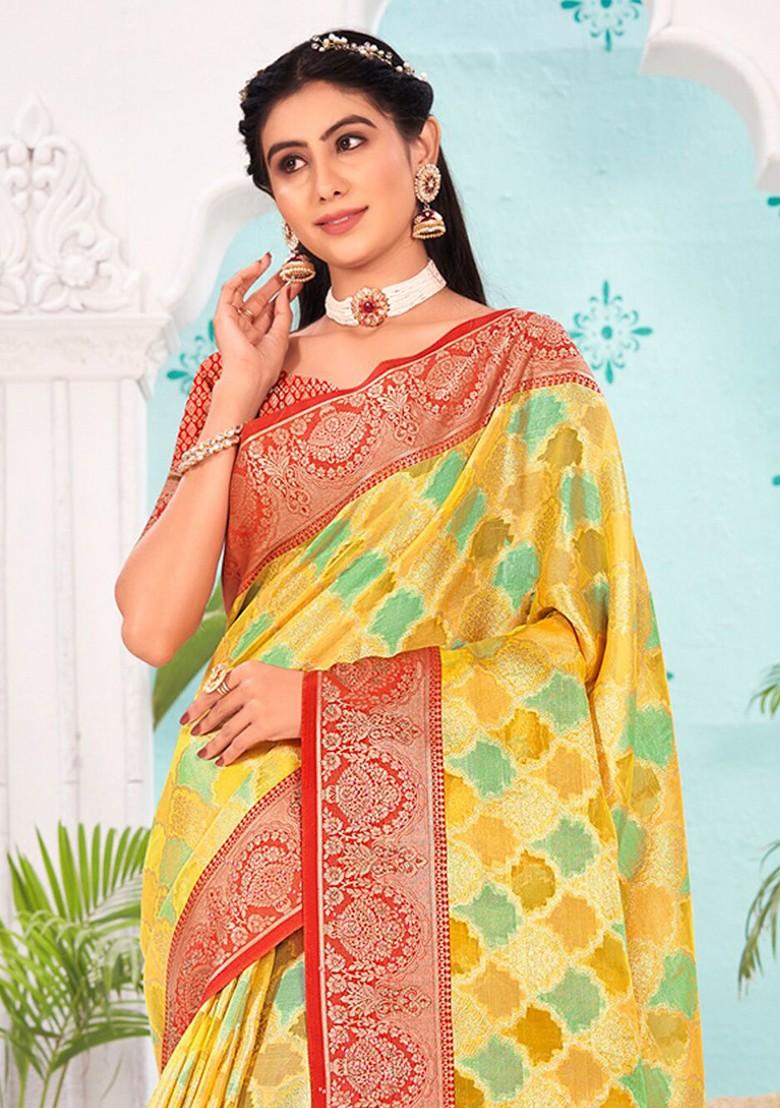 Yellow Printed Woven Poly Blend Saree Set