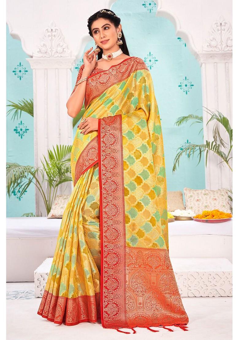 Yellow Printed Woven Poly Blend Saree Set