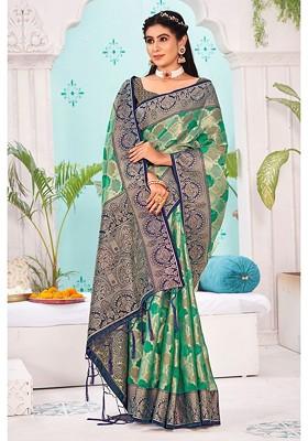 Green Printed Woven Poly Blend Saree Set