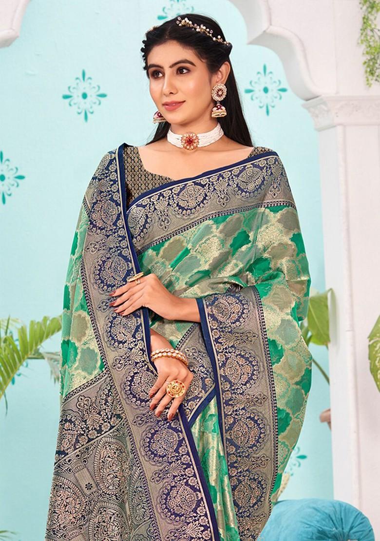 Green Printed Woven Poly Blend Saree Set