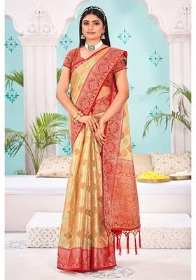 Cream Printed Woven Poly Blend Saree Set