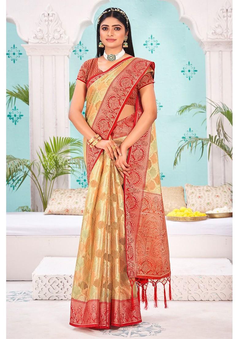 Cream Printed Woven Poly Blend Saree Set