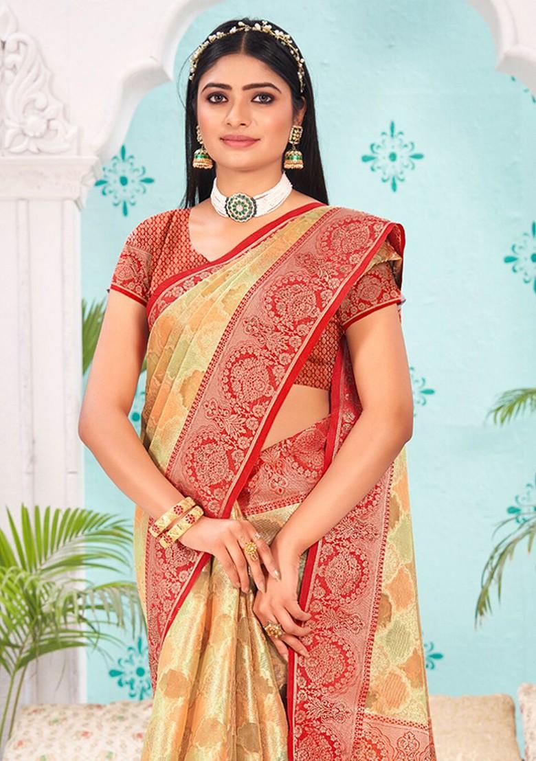 Cream Printed Woven Poly Blend Saree Set