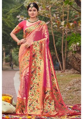 Pink Floral Print Woven Poly Blend Saree Set