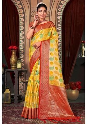 Yellow Printed Woven Poly Blend Saree Set