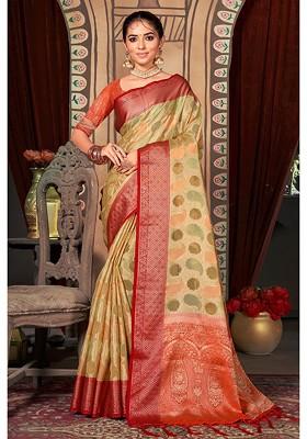 Cream Printed Woven Poly Blend Saree Set