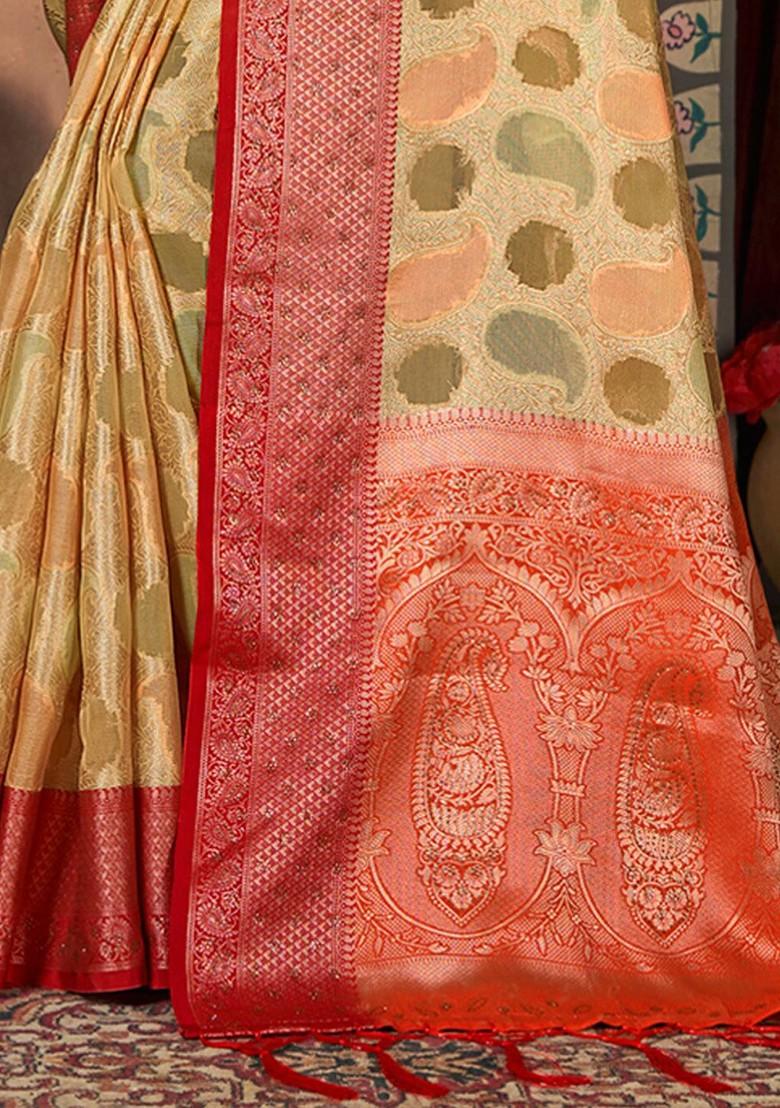 Cream Printed Woven Poly Blend Saree Set