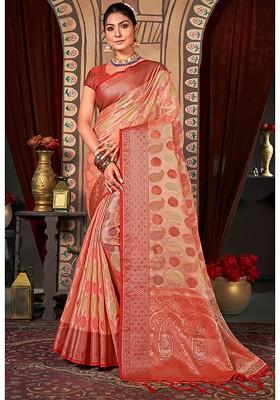 Peach Printed Woven Poly Blend Saree Set