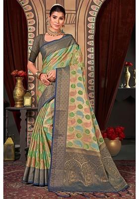 Beige Ethnic Motifs Woven Poly Blend Saree Set
